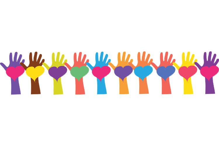 Silhouettes of multiple colors of hands with colored hearts on the palms.