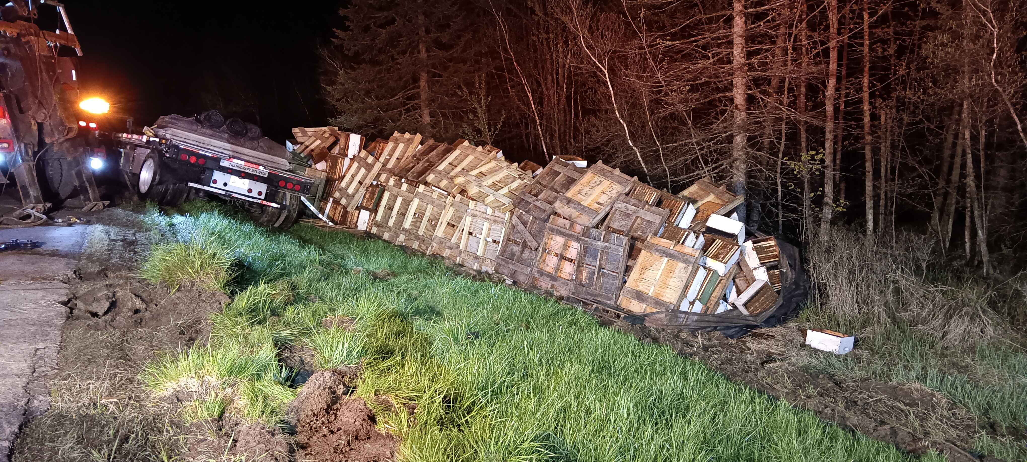 A semi-truck trailer with honey bee hives overturned on the ground.
