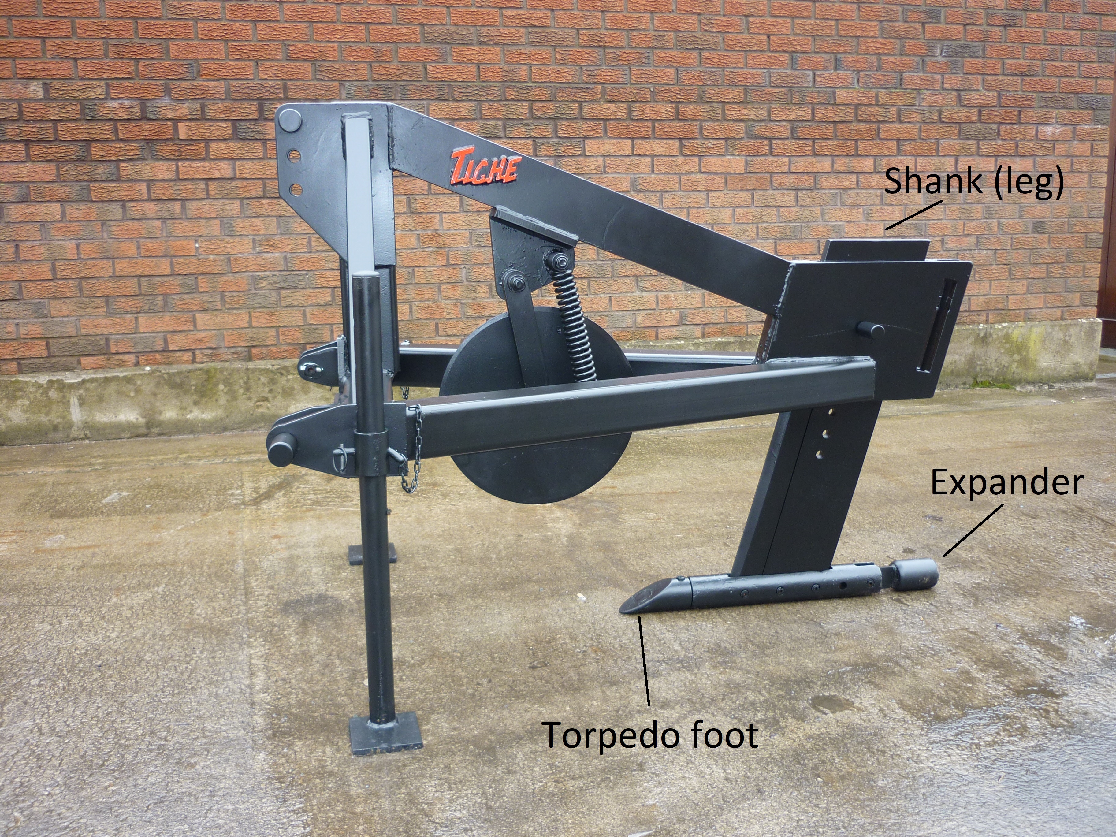 A mole plow is composed of a shank (leg) attached to a cylindrical bullet followed by a cylindrical expander (photo credit: Patrick Tuohy).