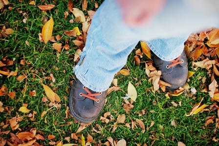 Boy standing in fall leaves.  Boy standing in fall leaves.