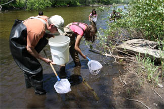 Students taking water samples in the river. Students taking water samples in the river.
